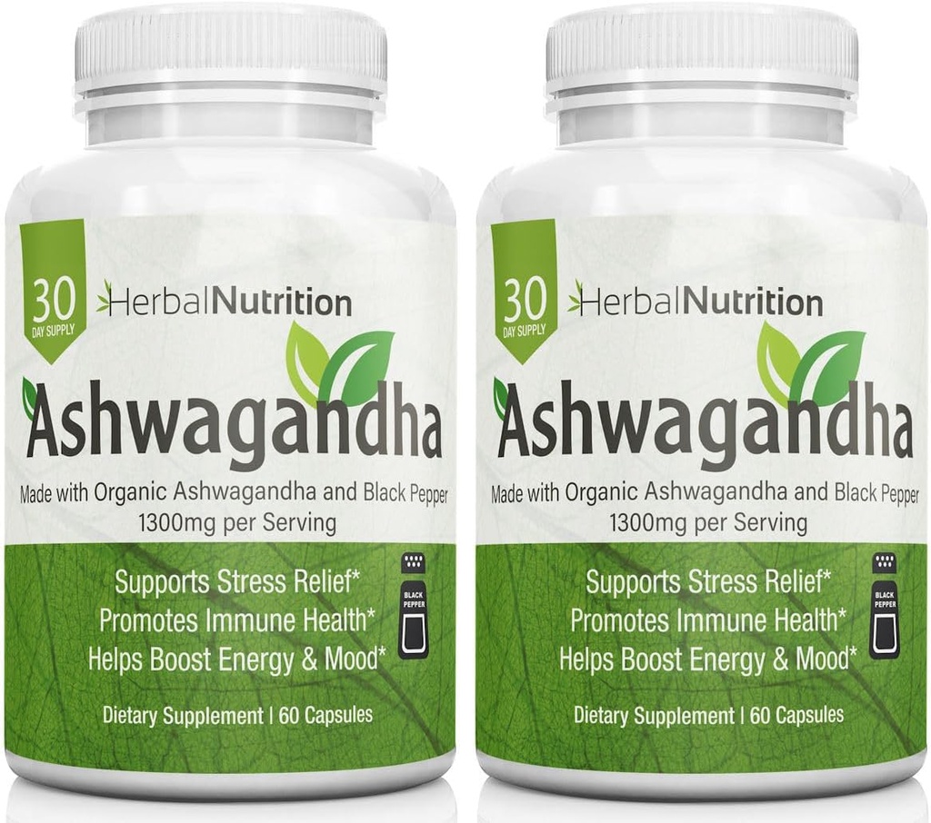 Herbal Nutrition Organic Ashwagandha 1300mg Max Strength, İki Şişe Pack, 120 Kapsüller Plus Bioavailability üçün Black Pepper
