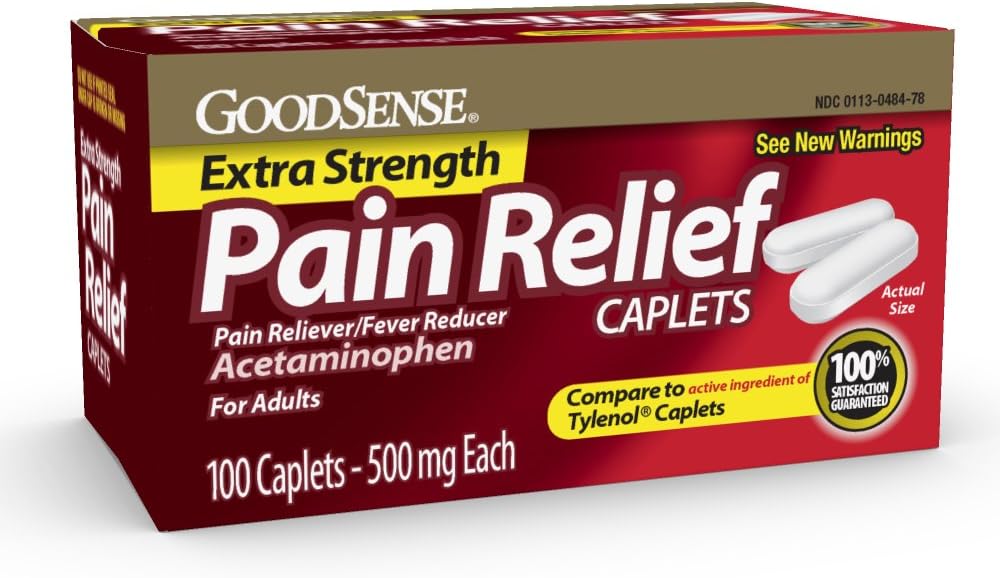 GoodSense Extra Strength Pain Relief - Acetaminophen Caplets 500 mg - Headache, Muscle Ache, Arthritis Relief, 100 Count