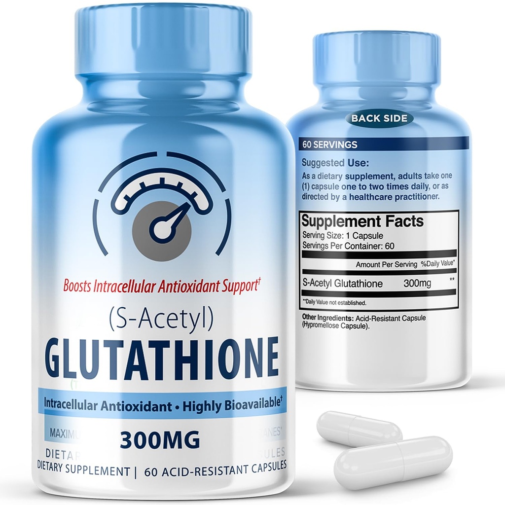 S-Acetyl L-Glutathione 300mg - 60 Acid-Resistant Capsules, High Bioavailability S Acetyl Glutathione Supplement for Cellular Wellness & Skin Support, Pure L-Glutathione Antioxidant Support Capsules