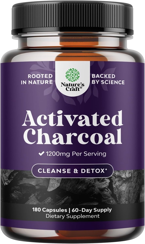 Natures Craft Activated Charcoal Pills Detox & Cleanse - Purifying Coconut Capsules with 1200 mg Per Serving for Bloating Relief - Active Detox Supplement for Body & Gut Health -180 Count
