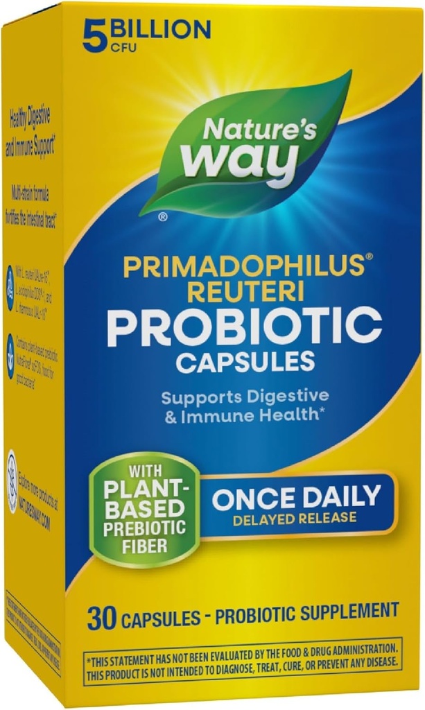 自然之路 Primadophilus Reuteri Probiotic, 支持消化和免疫健康*, 5亿活文化, 30 Capsules (Package May Vary)
