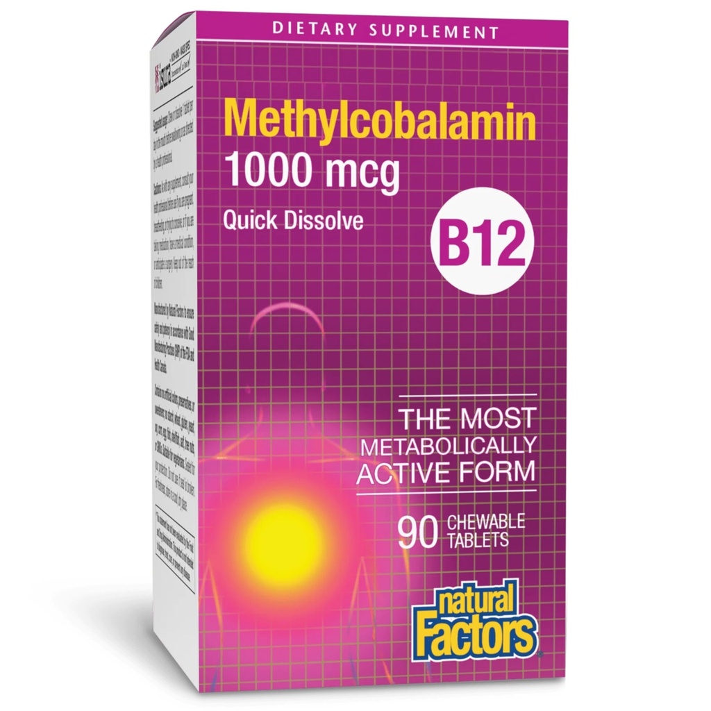 Natural Factors, Vitamin B12 Methylcobalamin 1000 mcg, Chewable Support for Energy and Immune Health, Vegetarian, Gluten Free, 90 tablets (90 servings)