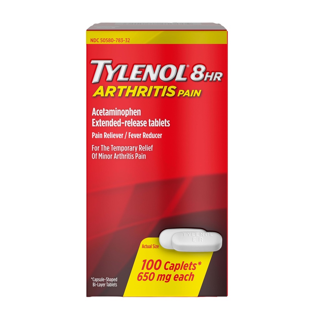 Tylenol 8 Hour Arthritis Pain Extended Fast, Strong Pain Relief Caplets, Acetaminophen 650 mg Each, Relieves Minor Arthritis and Joint Pain, Fever Reducer, Gentle on Stomach, 100 Count