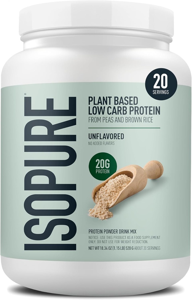 Isopure Landareetan oinarritutako proteina-hautsa, Lactose Free, Gluten Free, Iron, Unflavored, 20g Landare Protein Per Serve, 1.15 Lbs, 20 zerbitzatu