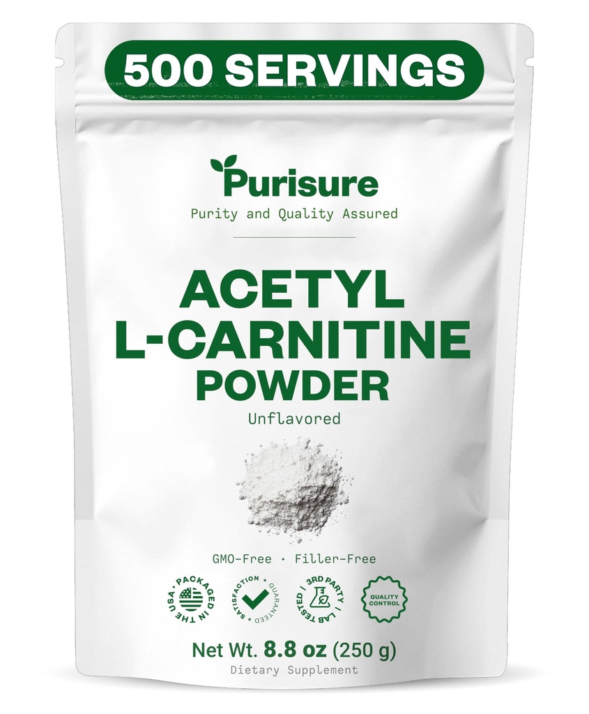 Purisure Acetyl L-Carnitine Powder ALCAR Powder, Amino Acid Supplement, Acetyl L-Carnitine Supplement for Better Cognitive Performance and Muscular Endurance, Gluten Free, Non-GMO, 250g (8.8 oz)