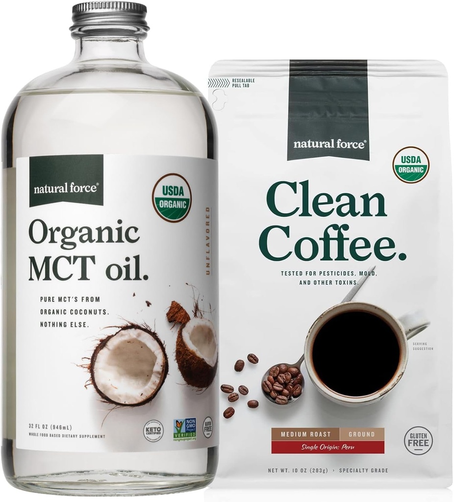 Natural Force Organic Ground Clean Coffee + Organic MCT Oil Bundle - 100% čisté kokosové MCTs & Mold & Mycotoxin Free Coffee - Non- GMO, Keto, Paleo, a Vegan - 10 Oz Bag a 32 Oz skleněná láhev