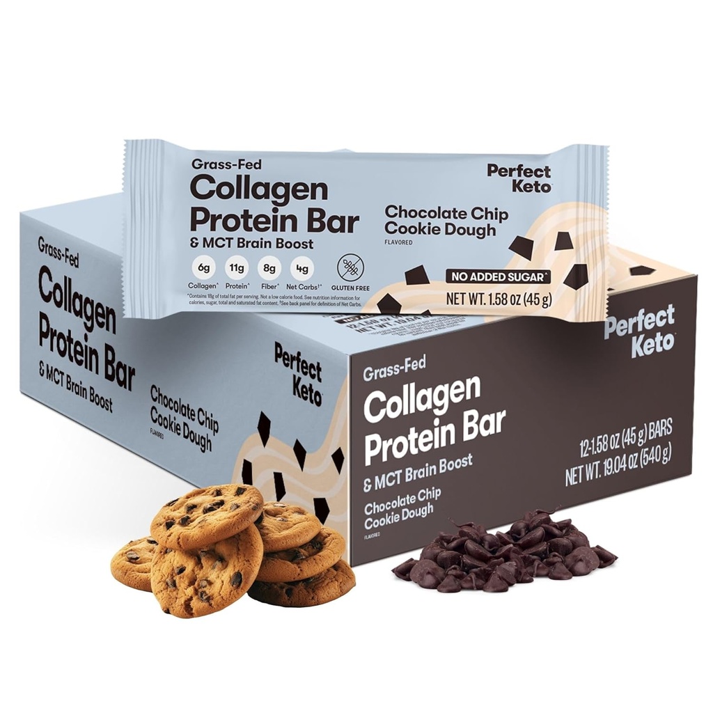 Collagen Protein Bars, Gluten Free Grass Fed Collagen + MCT Oil, Low Carb, No Sugar Added, High Protein Snacks, Keto Diet Foods, 11g Protein, 18g Fat, 3g Net Carbs, Chocolate Chip, 12 Bars