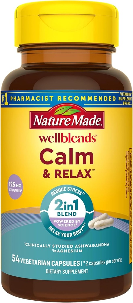 Natur Made Wellblends Calm & Relax, Ashwagandha 125mg, Magnesium 300 mg, 54 vegetarische Kapseln