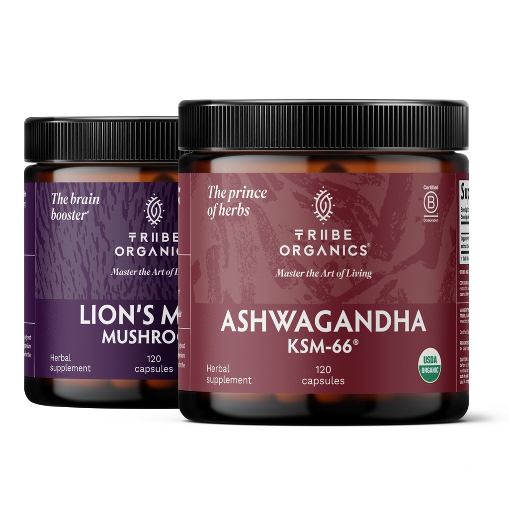 TRIBE ORGANICS NOOTROPIC Duo - KSM66 Ashwagandha + Organic Lion's Mane - Beyond Focus, Mind Awareness and Mind Health