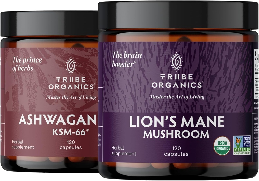TRIBE ORGANICS NOOTROPIC Duo - KSM66 Ashwagandha + Organic Lion's Mane - Beyond Focus, Mind Information and Mind Health