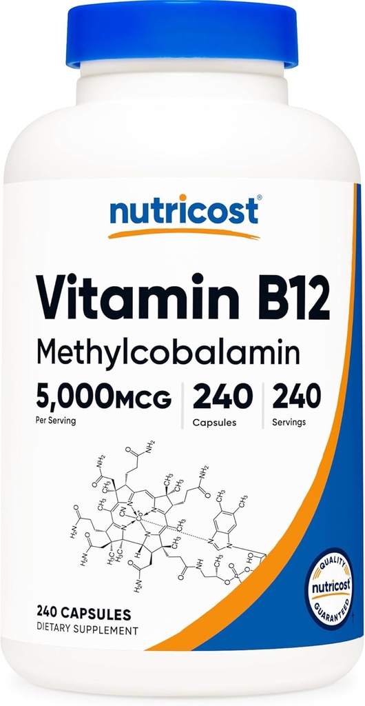Nutricost vitamín B12 (metylkobalamín) 5000 μg, 240 kapsúl - vegetariánske viečka, non- GMO, bezlepkové B12 doplnok