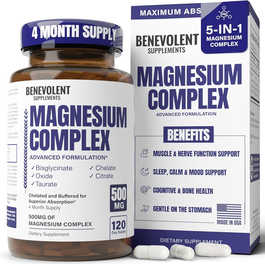Magnesium Complex Supplement, 4 månaders leverans av 500 mg 5-i-1 Bisglycinate, Oxide, Taurate, Aspartate, Citrate, Max Absorption Magnesium Supplement för lugn, sömn och ben kramper, 120 kapsel