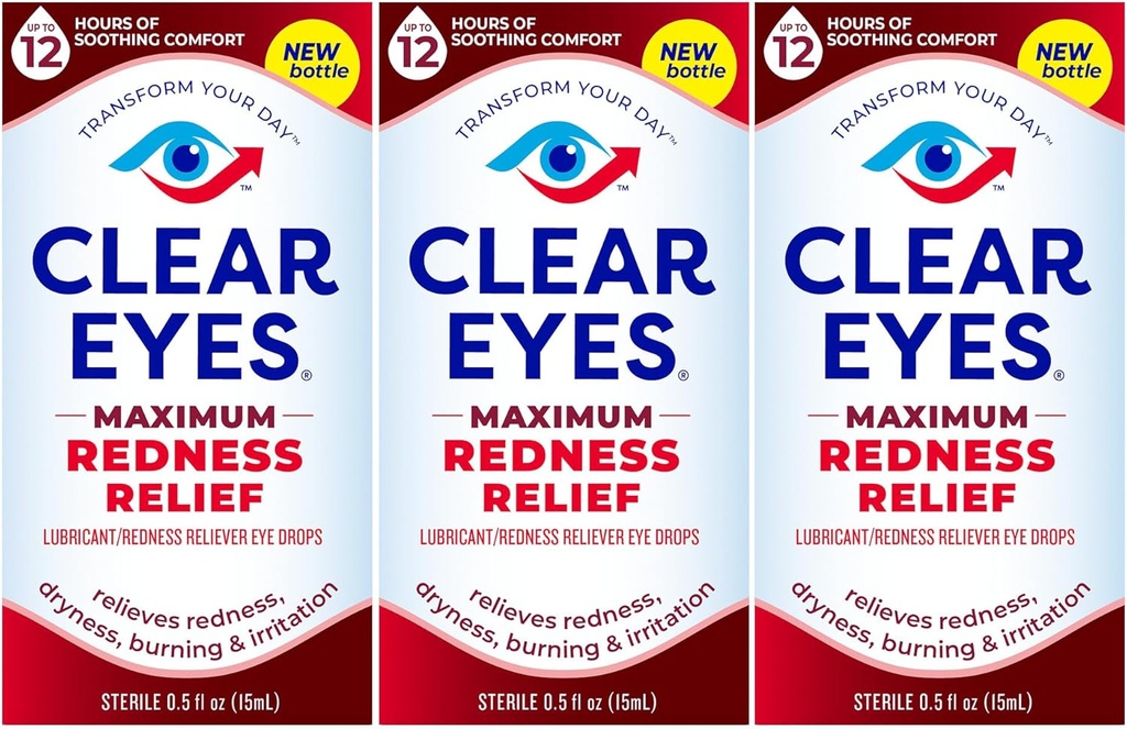 Clear Eyes Maximum Redness Eye Relief Augentropfen, 0.5 Fl Oz, Packung von 3