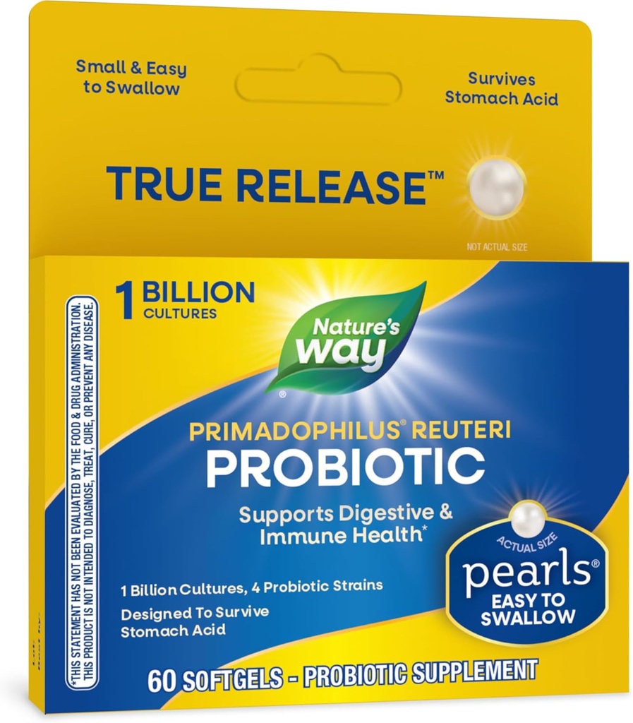 Nature's Way Primadophilus Reuteri Probiotic Pearls for Men and Women, Digestive and Immune Health*, 1 Billion Culture, 4 Probiotic Strains, Survives Stomach Acid, 60 Softgels
