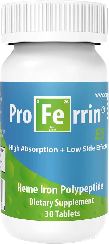 Proferrin ES-10.5mg d'alt absolatge de Ferro. Fet als EUA. 30 taules. Compte amb el Gut. No està afectat pel cafè, Calci, o el PPI.