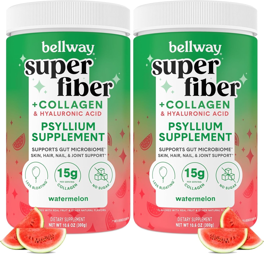 Bellway Super Fiber Powder + Collagen (2 Pack), Sugar-Free Psyllium Husk Polvo con Peptides Collagen y Ácido Hialurónico para Gut Health, Skin saludable, uñas, bonificaciones, sandía (21.2 oz)