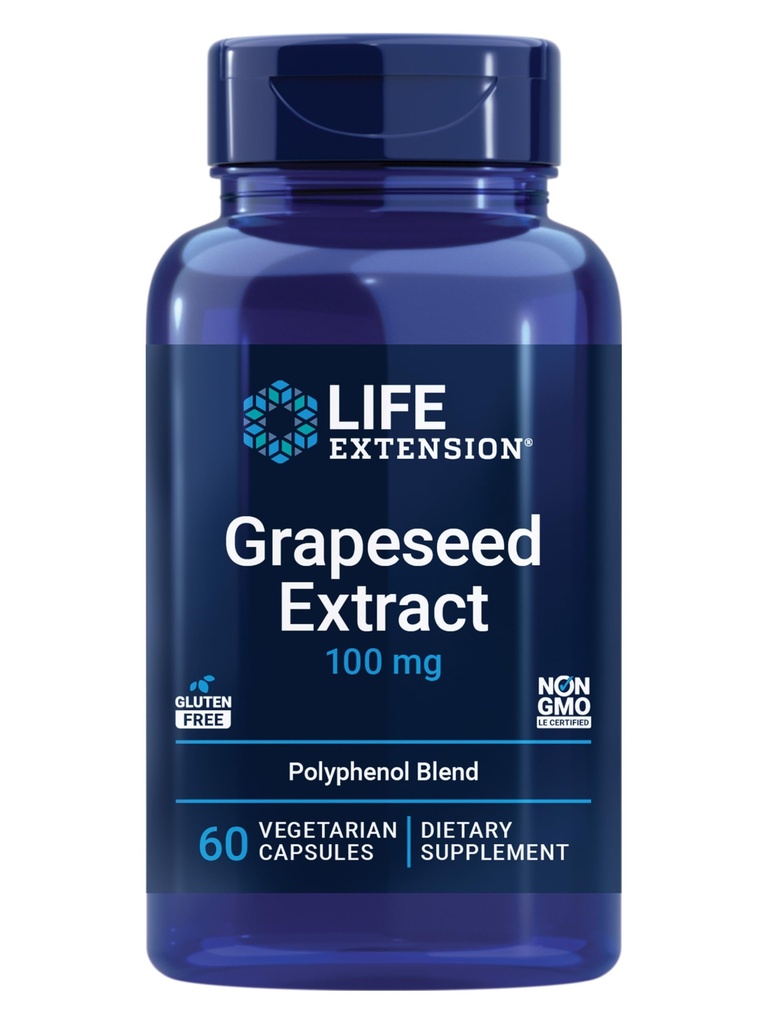 Life Extension Grapeseed Extract, Vitamin C, Calcium, resveratrol, polyphenols, Cardiovascular Health, antioxidant Protection, Gluten-Free, Non-GMO, Vegetarian, 60 Capsules