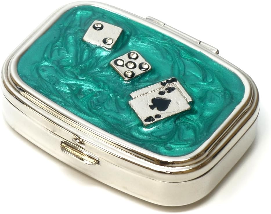 9338 Rektangulär Small Pill Box Organizer Aqua Green Silver Poker & Dice Women Travel Pill Case Purse Pocket Container Daily Portable Medicine Vitamin Box Medication Supplement Mini Storage
