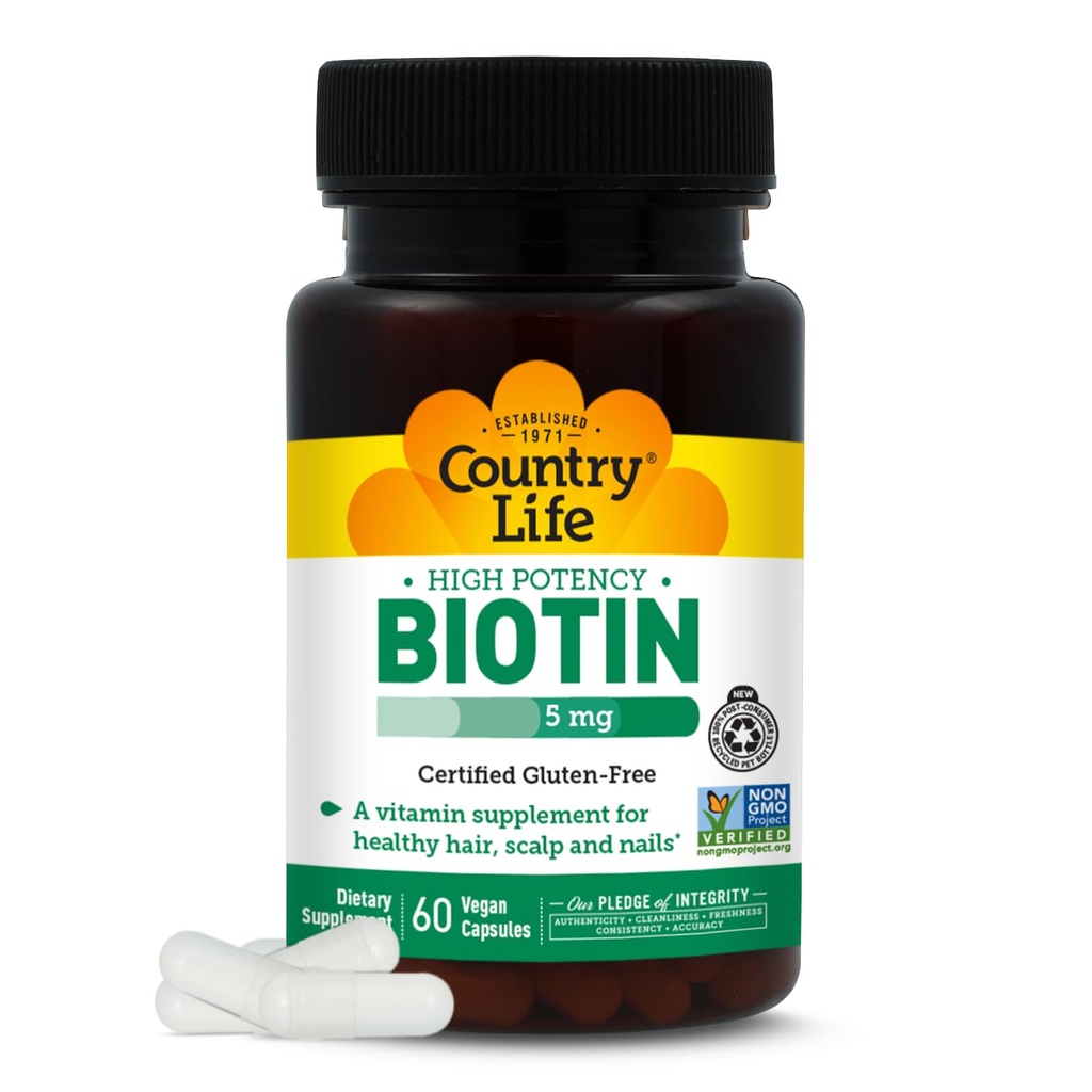 Country Life Biotin 5 mg for Hair, Scalp and Nails, 60 Vegan Capsules | 5,000 mcg of biotin supports healthy hair, scalp and nails in one daily vegan capsule with a 60-day Supply
