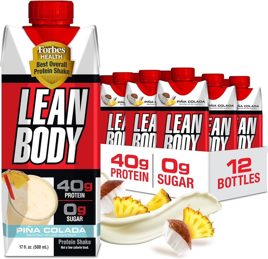 Cos de Lean a punt per a les quincalles Pina Colada Protein, 40g Protein, Whek, 0 Sugar, Guten Free, 22 vitamines i Madals, 17 Oz (Pck de 12)