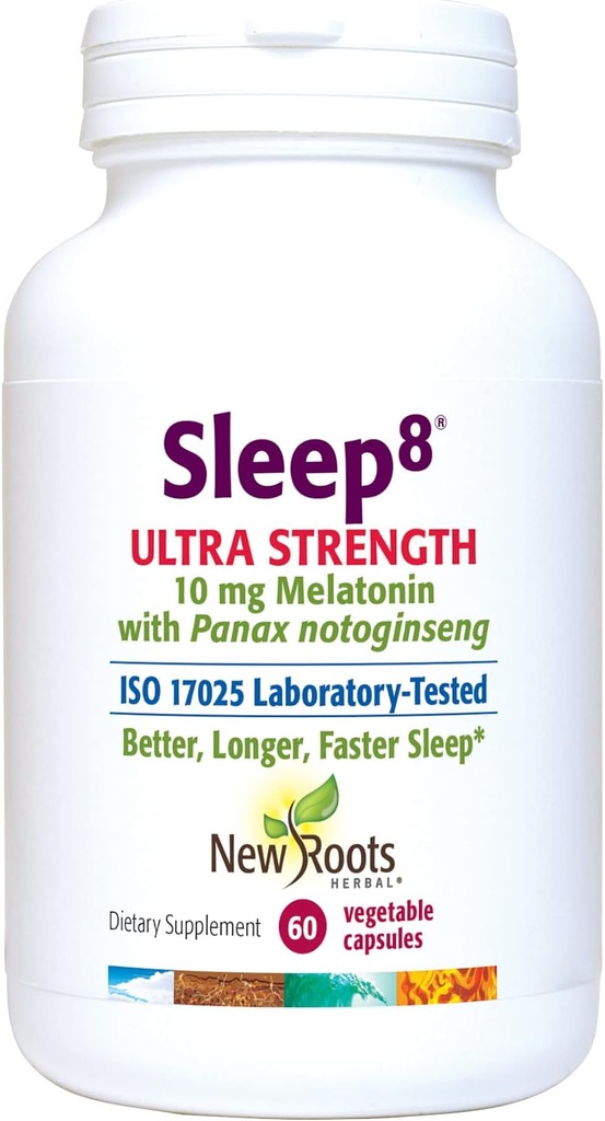 NUOVO ROOTS HERBAL Natural Sleep Supplement, Formula 8-in-1 Ultra-Strenth con Passion Flower, Camomilla, Hops, Panax Gingseng, Skullcap, Magnesio, Melatonina da 10 mg (60 Veg Caps)