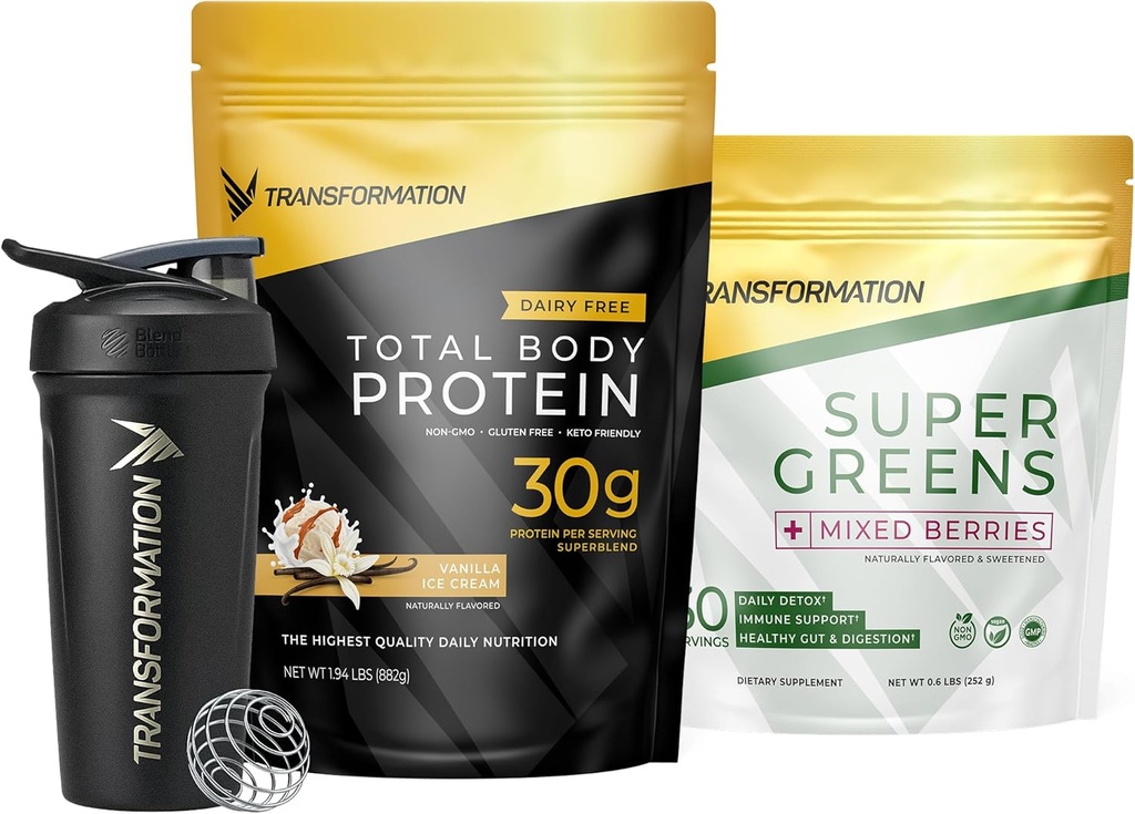 Transformation Vanilla Protein Powder, Super Greens Superfood Green Juice Powder dan Performance Insulated Shaker Bottle
