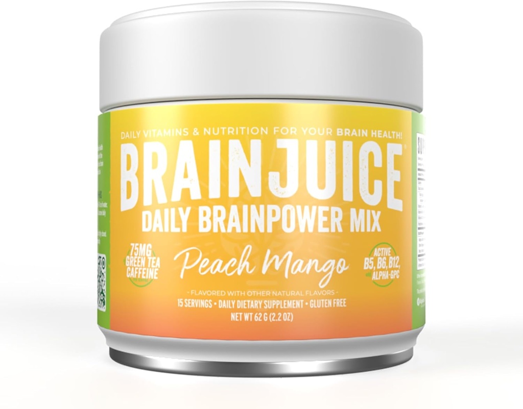 Sok BrainJuice Nootropics Suplement Wspomaganie mózgu, Gluten wolny proszek dla energii i skupienia, Mieszanka napoju z L Theanine, Alpha GPC, Witamina B, Organic Green Tea Extract Kofeina, Peach Mango, 15 Służenie