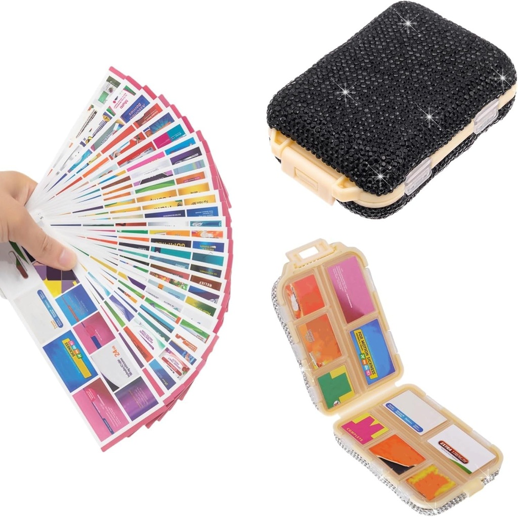 Pill Travel Case with Labels Bling Portable Pill Container Mini Pill Box for Purse Small Medicine 주최자 홀더 for Supplement Vitamin Medication Women (Black & 300 Labels)