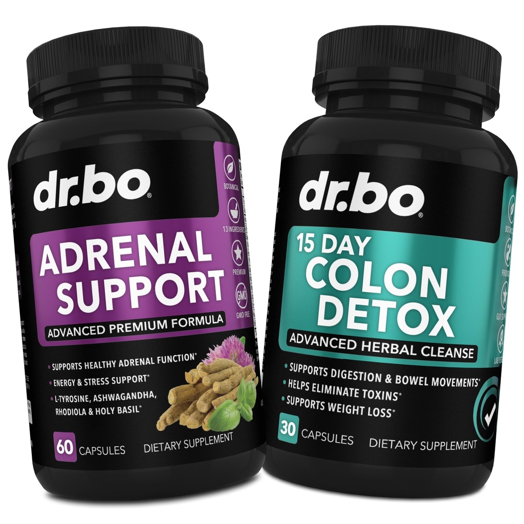 DR. BO Adrenal Support & Colon Cleanse Supplements - Adrenal Fatigue Supplement with Ashwagandha & L Tyrosine - 15 Day Intestinal Cleanse Pills for Bowel Movement Support & Gut Stomach Cleansing