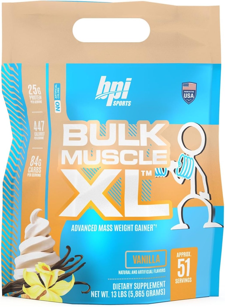 BPI Спорт Бульк М'язи XL - Розширений Масовий Гаїн для серйозних м'язів Будівництво та відновлення, 25г Білок та 497 Калорії для сервірування - Шоколад, 13lb сумка (13lb, Vanilla)