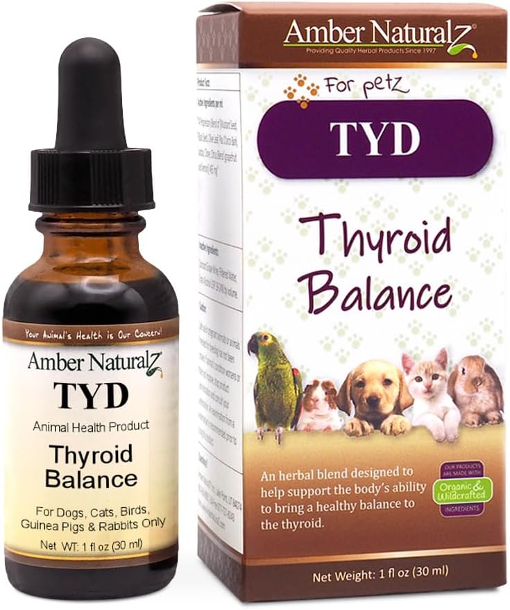 Amber NaturalZ TYD Thyroid Balance Травяная добавка для собак, кошек, птиц, гвинейских свиней и кроликов | Травяная добавка для домашних животных для здоровья щитовидной железы | 1 флюидная стеклянная бутылка Ounce | Производится в США