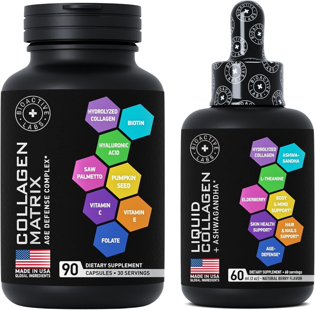 Ikä puolustus Kauneus Collagen Matrix ja Liquid Collagen Plus Ashwagandha Kauneus Bundle hiusten kasvua, ihon hehkua, kynnet