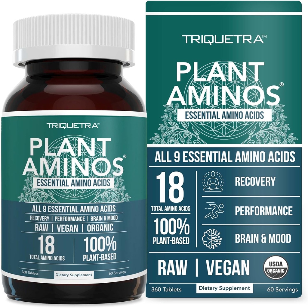 Plant Aminos Organic Essential Amino Acids (EAA) & BCAA - 100% Plant- Based Raw, Vegan - All 9 Amino Acids with 18 Total Amino Acids (360 Tablet)