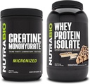 NutraBio Creatin Monohidrat, Nearomated, 500g și Whey Proteine Izolat, Unt de arahide de ciocolată, Supliment Bundle - Energie musculară, creștere musculară Lean, recuperare, și puterea