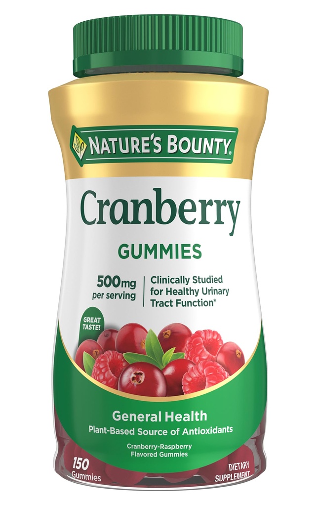 Nature's Bounty Cranberry Gummies, Urinary Tract Support, 500 mg, Cran-Raspberry Flavor, 150 Ct