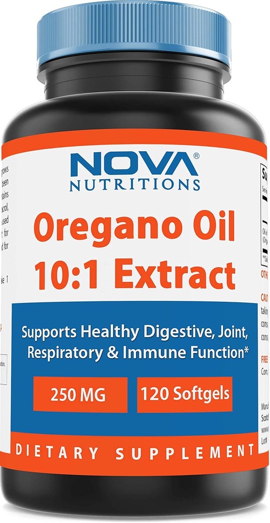 Nova Nutritions Oregano Oil 250 mg 10: 1 kivonat - Non-GMO & Gluten Free - Oregano Pills olaj - Immuntámogatás - 120 Softgels