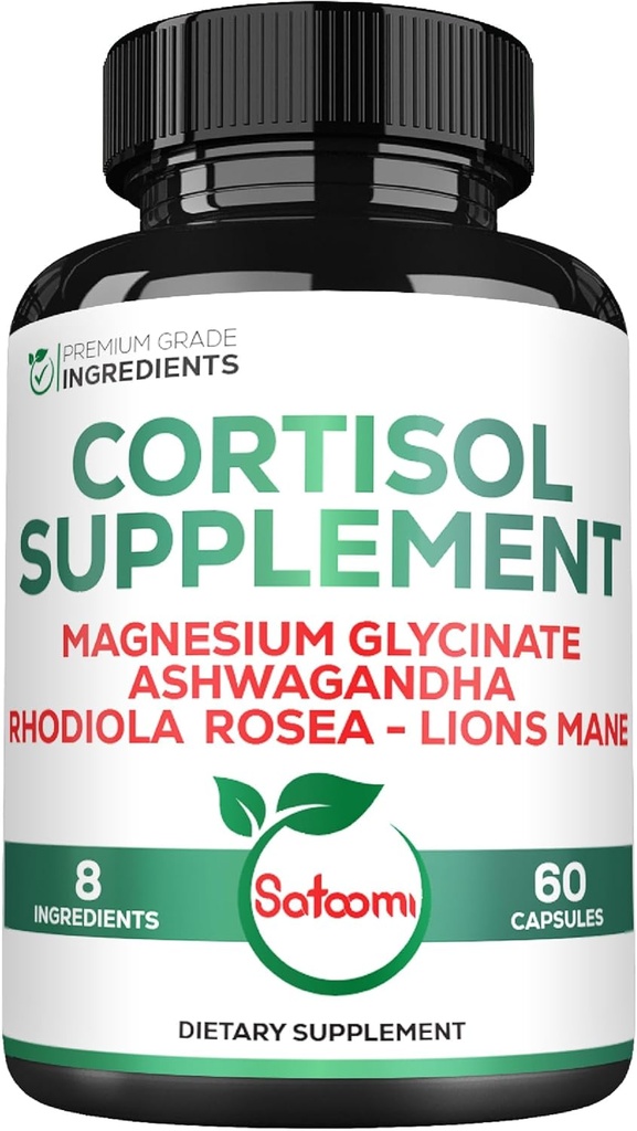 Satoomi 8in1 Gerente de Cortisol com Glicenato de Magnésio, Ashwagandha, Rhodiola Rosea, Lions Mane & More - Suplemento de Redutor de Cortisol Homens e Mulheres - 60 Cápsulas