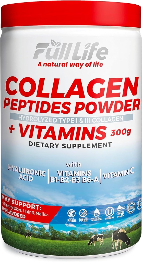Full Life Collagen Peptides Powder - Bovine Collagen Supplement with Hyaluronic Acid - Hidrolyzed Collagen Powder for Women and Men - Kosher, Gluten-Free - 300g