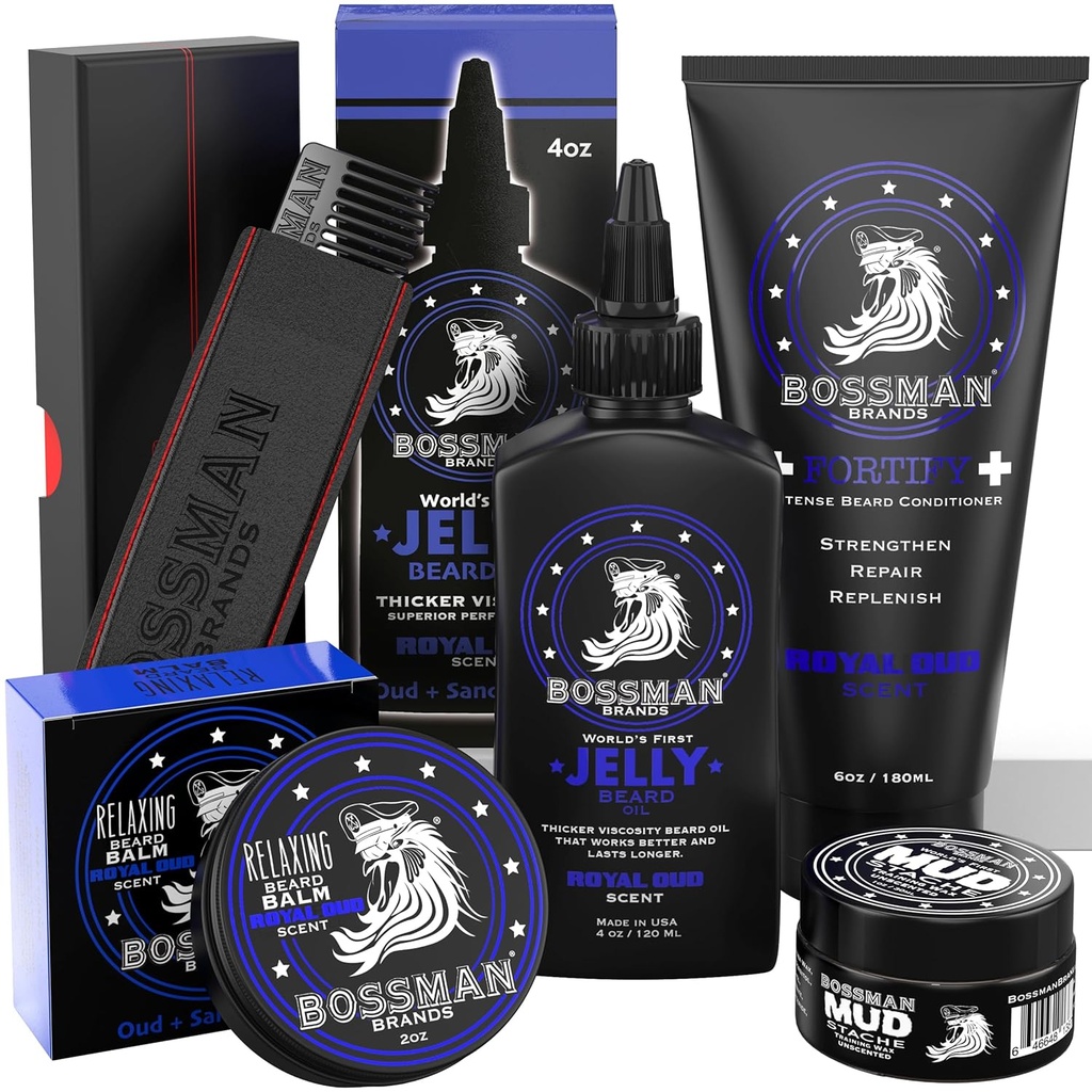 Kit completo de barba de Bossman – Jelly de aceite de barba de los hombres, acondicionador de ducha de fortificación, bálm, mostaza de vaina " Comb – Cuidado de la barba de suavidad " - Conjunto de regalo de los hombres ( olor real)