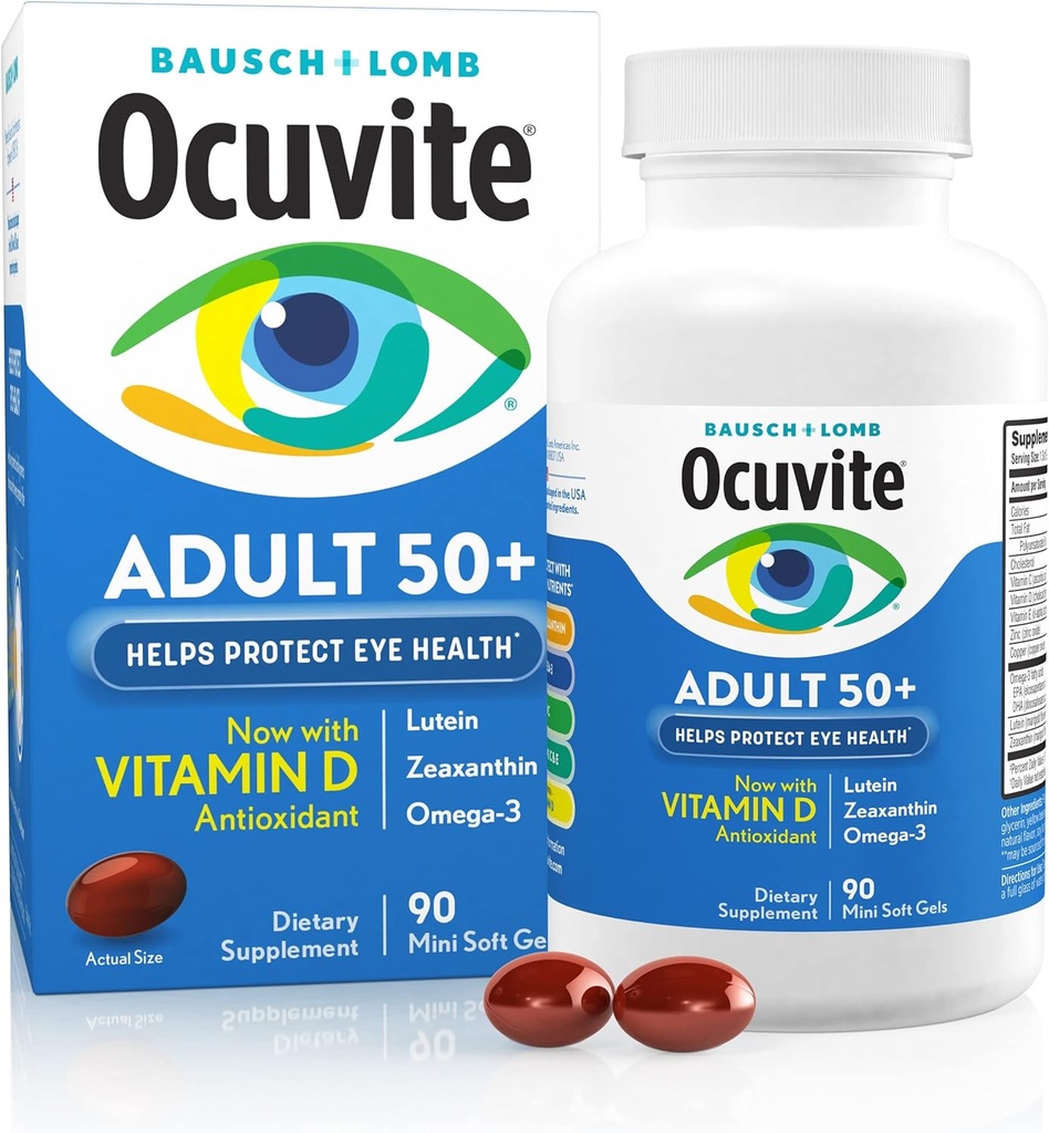 Ocuvite 50 + Göz Vitamini və Mineral əlavə, Omega-3, nikel, Vitamin C və E, Lutein & Zeaxanthin, Qadınlar və Kişilər üçün oksigen ekstrları, 90 Softgels