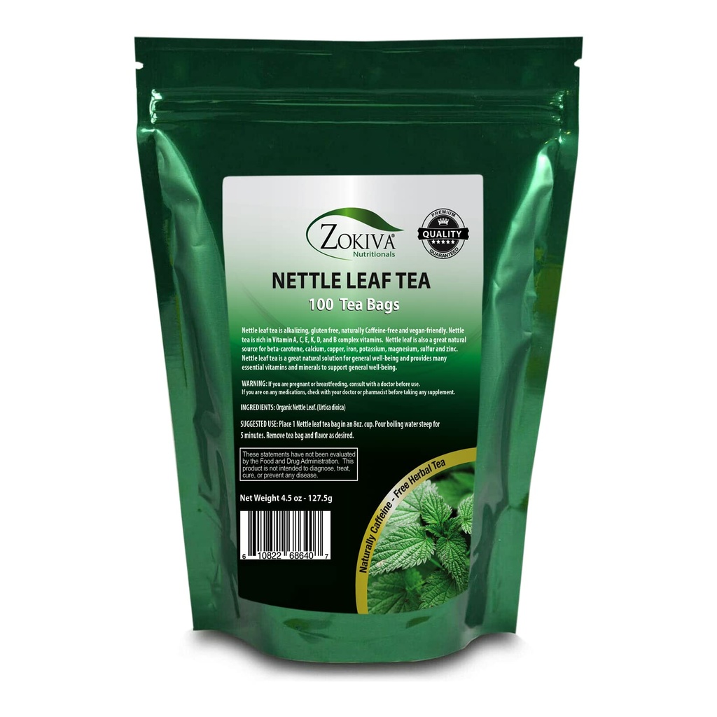Zokiva Nutritionals - Nettle Leaf Tea Bags Mega Pack - 100 Premium Calidade Convenient Organic Herbal Bolsas de té - Libre de cafeína e Vegan-friendly nunha posición segura Zip Lock Pouch