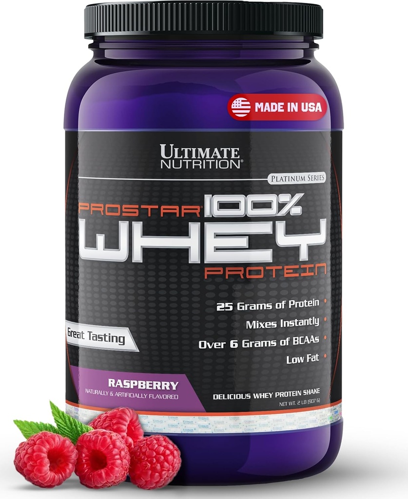 Ultimate Nutrition Prostar Whey Protein Powder Izolát, Malinová - Nízka Karb, Powder s vysokým obsahom bielkovín Shake for Muscle Gain & Recovery - Nízka hladina sodíka, nízka hladina tuku & Keto Friendly - 2 lbs Tub