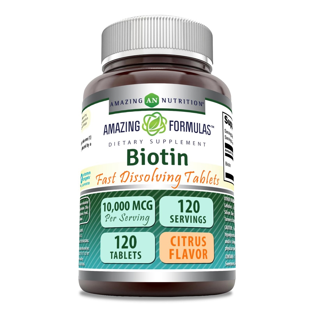 Amazing Formulas Biotin 10,000 mcg | Fast Dissolve Tablets | Non-GMO | Gluten Free Supplement | Made in USA (120 Count, Citrus)