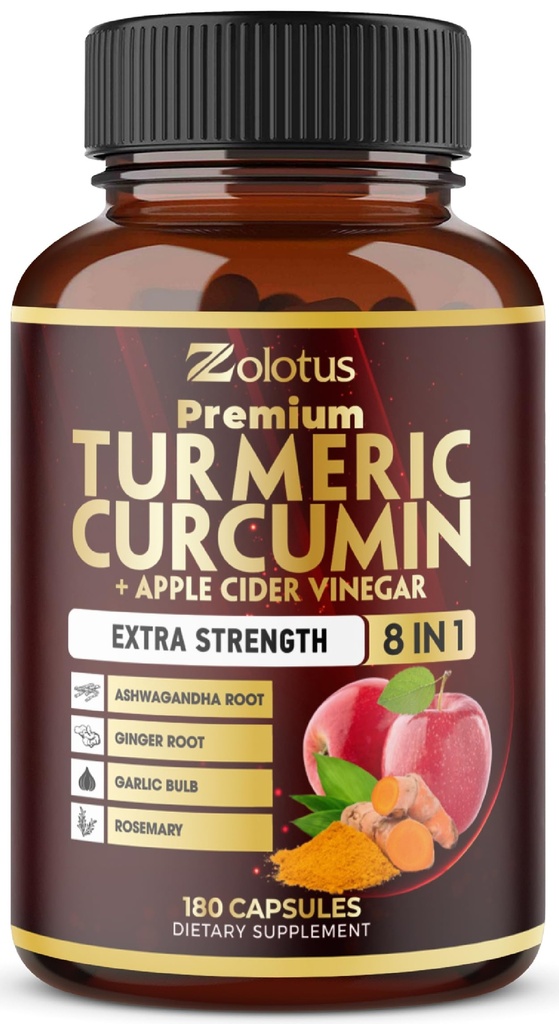 7 in 1 Turmeric Curcumin + Apple Cinder Vinegar Capsules, 6 Month Supply with Ashwagandha, Ginger, Garlic Bulb, 180 Capsules