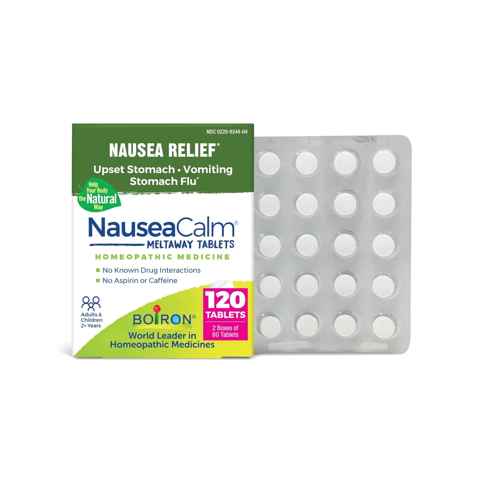 Boiron NauseaCalm Relief for Upset Stomach, Nausea, and Vomiting Due to Stomach Flu, Overindulgence, or Motion Sickness - Non-Drowsy - 120 Count (2 Pack of 60)