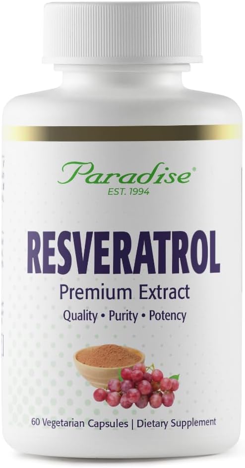 Paradise Herbs Resveratrol, Antioxidante, Super Potent, Ultra Pure, Vegan, Non GMO, Gluten Free, 60 cápsulas vexetarianas