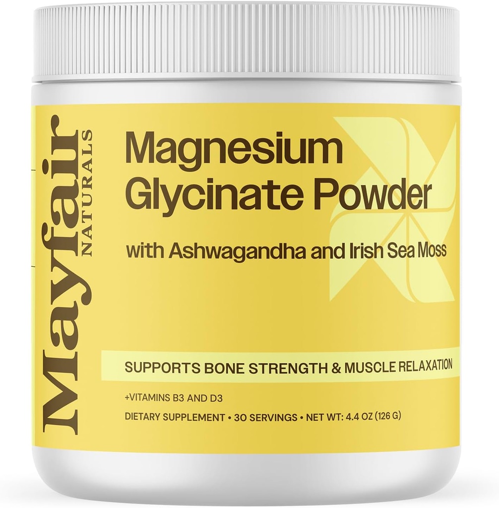 Magnesium Glycinate Powder Supplement, mit Ashwagandha und Irish Sea Moss, unterstützt Knochenstärke und Muskelentspannung, 30 Portionen
