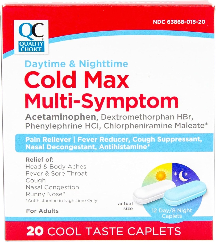 Quality Choice Day & Night Cold Max Multi- Synthetic, Cold & Flu Medicine, Pain Reliever, Láz redukáló, Köhögéscsillapító, Orr Decongestant, 24 órás Relief Cool Taste Caplets