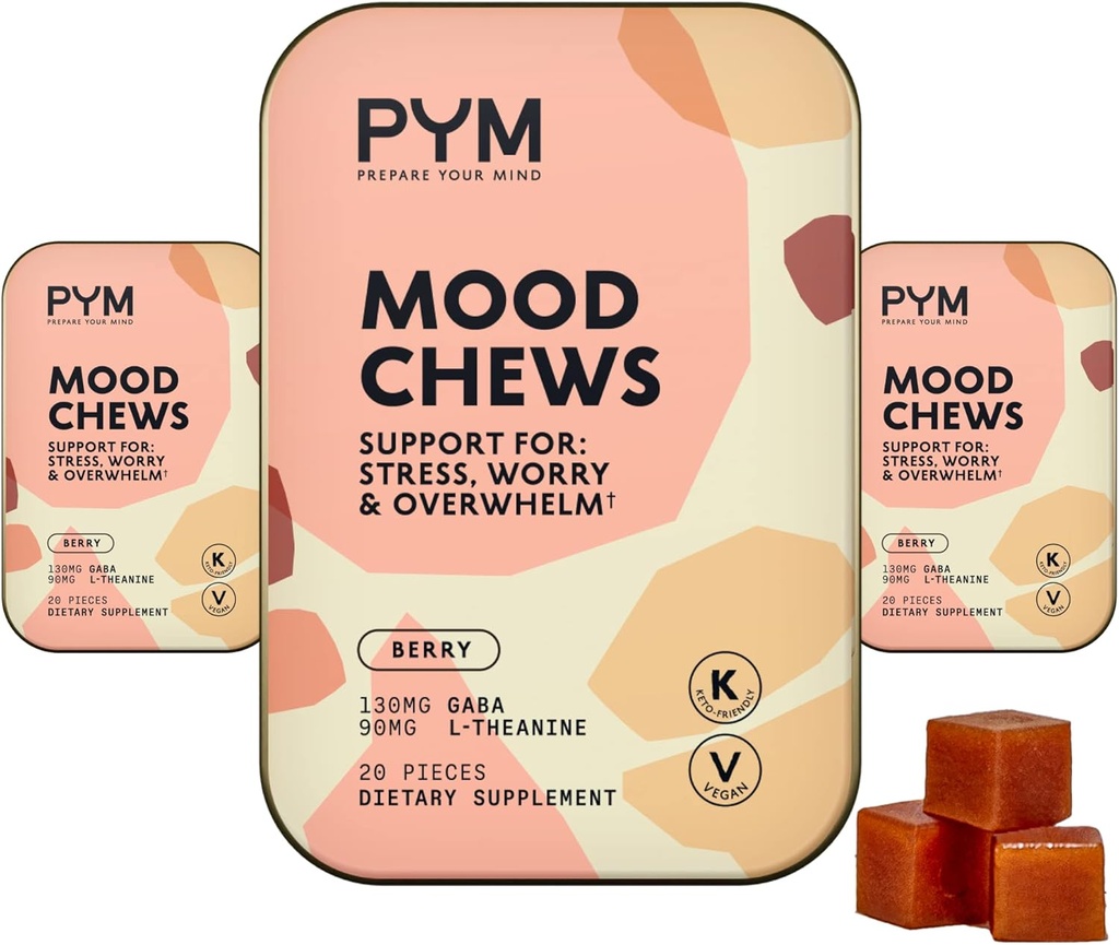 PYM ברי Mood Chews תמיכה מתח, דאגה ו Overwhelm, 60 Count | 130mg GABA, 90mg L-theanine | טבעוני, non-GMO, Gluten-Free, No added Sugar | All-Natural Mood Balance Made in USA