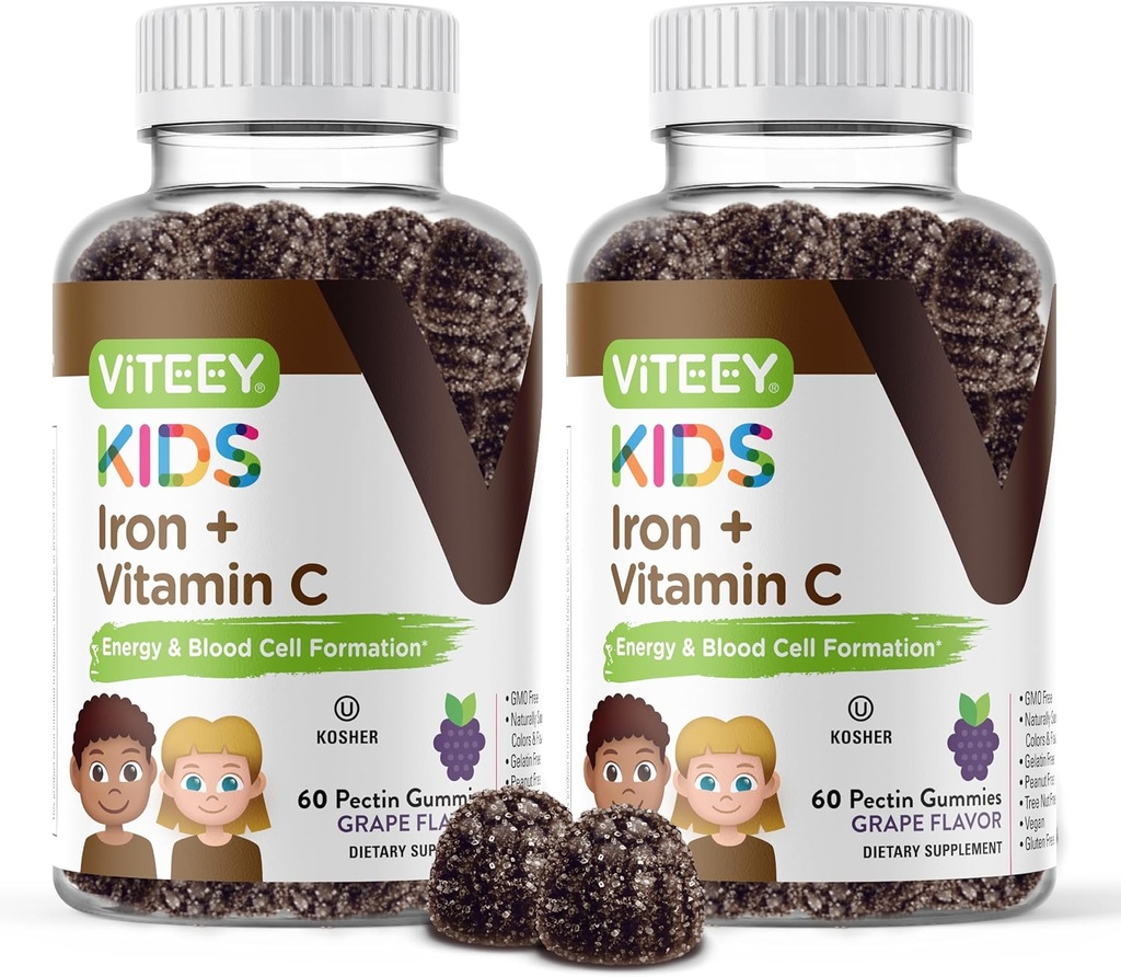 VITEEY jern for barn med vitamin C - støtter energi, blodcelleformulering, blodbuilder Anemi Kids jern kosttilskudd - Vegan, Gelatinfri, Glutenfri - Tastig Chewable Grape Flavored Gummy